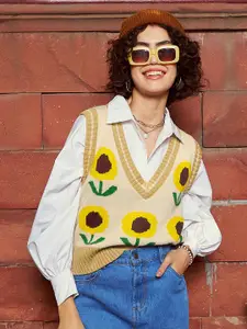 SASSAFRAS Beige & Yellow Floral Printed Woollen Sweater Vest