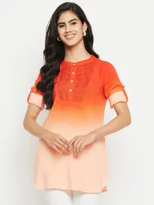 BAESD Tie & Dye Dyed Mandarin Collar Embroidered A-Line Top