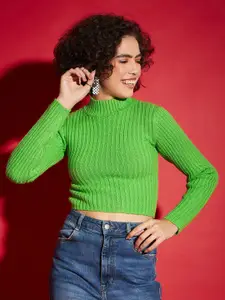 SASSAFRAS Green Ribbed High Neck Acrylic Crop Pullover Sweater