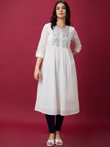 Globus Floral Embroidered Thread Work Pure Cotton Flared A-Line Kurta
