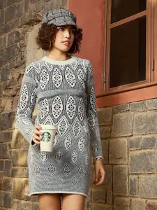 SASSAFRAS Grey Self Design Jumper Dress