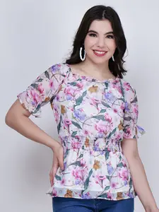 CHARMGAL Floral Printed Bell Sleeve Smocked Cinched Waist Top