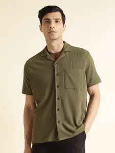 Andamen Olive Green Textured Premium Fit Opaque Cotton Casual Shirt