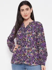 Ruhaans Floral Printed Mandarin Collar Cuffed Sleeves Georgette Shirt Style Top