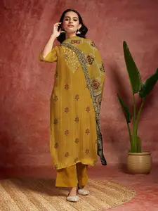 Libas Yellow Ethnic Motifs Printed Mirror Work Detailed Organza Unstitched Dress Material