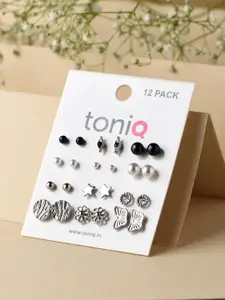 ToniQ Set of 12 Silver-Plated Contemporary Studs Earrings