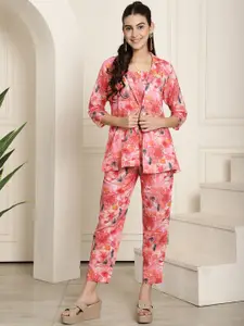 Aawari Floral Printed Pure Cotton Top With Trouser & Jacket