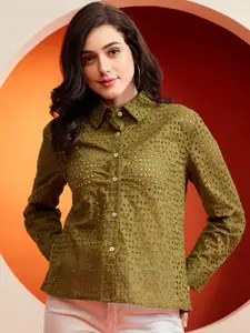 KASSUALLY Olive Green Textured Self Design Spread Collar Schiffli Pure Cotton Casual Shirt