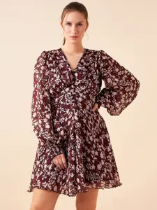 Antheaa Red Floral Printed Puff Sleeve Chiffon Fit & Flare Dress