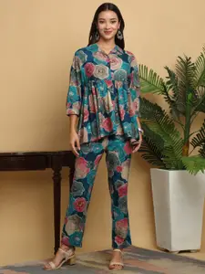 KALINI Floral Printed Shirt Collar Tunic Top With Flared Trousers Co-Ords