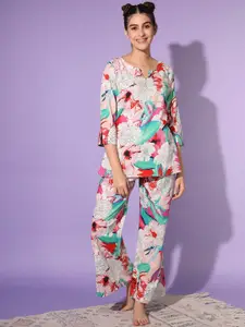 ETC Pink & Green Floral Printed Pure Cotton Night suit