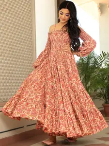 Indian Virasat Floral Printed Shoulder Straps Smocked Cotton Fit & Flare Maxi Ethnic Dress