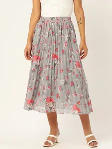 Slenor Floral Printed Pleated Midi Skirt