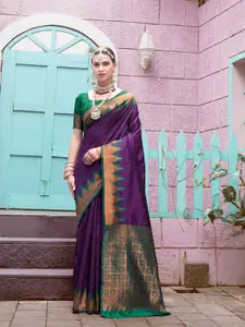 Anouk Purple & Green Geometric Woven Design Zari Kanjeevaram Saree
