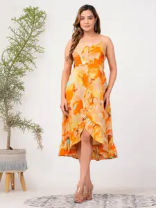Riara Floral Printed Shoulder Straps Crepe A-Line Midi Dress