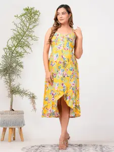 Riara Floral PrintAed Shoulder Straps Crepe A-Line Midi Dress