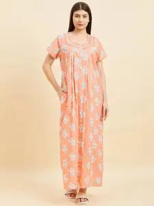 Sweet Dreams Peach Floral Printed Pure Cotton Maxi Nightdress