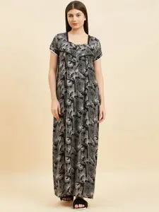 Sweet Dreams Black Floral Printed Square Neck Pure Cotton Maxi Nightdress