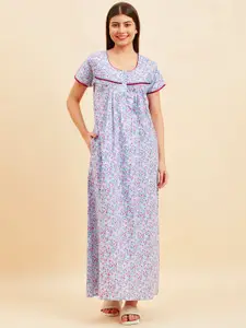 Sweet Dreams Navy Blue Floral Printed Pure Cotton Maxi Nightdress