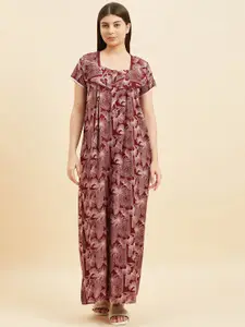 Sweet Dreams Maroon Floral Printed Square Neck Pure Cotton Maxi Nightdress