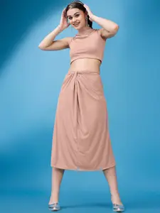 PURVAJA Cowl-Neck Sleeveless Crop Top With Skirt