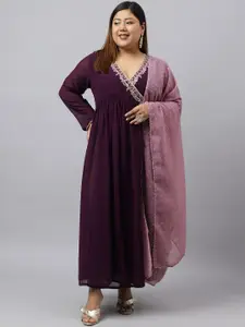 XL LOVE by Janasya Plus Size Embroidered V-Neck Fit & Flare Ethnic Dress With Dupatta