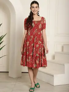 Aawari Ethnic Motifs Printed Square Neck Puff Sleeves Gathered Detailed Fit & Flare Dress