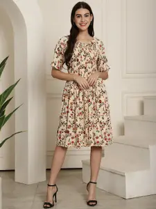Aawari Floral Printed Square Neck Puff Sleeves Gathered Detailed Fit & Flare Dress