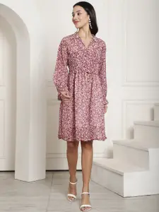 Aawari Floral Printed Puff Sleeves Gathered Detailed Chiffon Fit & Flare Dress