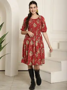 Aawari Ethnic Motifs Printed Puff Sleeves Gathered Detailed Fit & Flare Dress