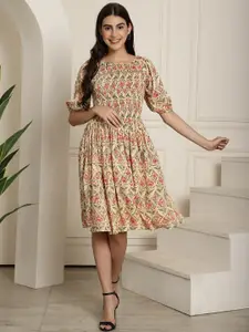 Aawari Floral Printed Round Neck Puff Sleeve Smocked Fit & Flare Dress