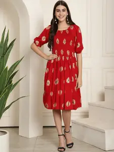 Aawari Ethnic Motifs Printed Round Neck Puff Sleeve Smocked Fit & Flare Dress