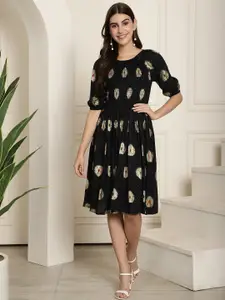 Aawari Ethnic Motifs Printed Round Neck Puff Sleeve Smocked Fit & Flare Dress