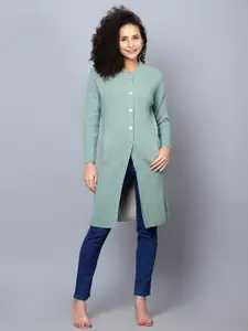 BROOWL Geometric Self Design Woollen Longline Cardigan Sweater