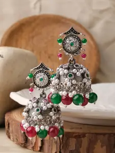 XPNSV Silver-Plated Artificial Stones-Studded And Beaded Contemporary Jhumkas