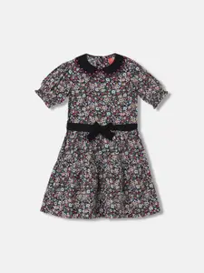Blue Giraffe Floral Printed Peter Pan Collar Puff Sleeves Pure Cotton Fit & Flare Dress