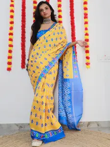 Saree mall Yellow & Blue Geometric Pure Cotton Ikat Sarees