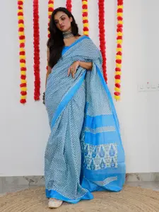 Saree mall Blue & White Ethnic Motifs Printed Pure Cotton Bagh Sarees