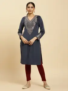 W Blue Ethnic Motif Yoke Design Sequinned Straight Kurta