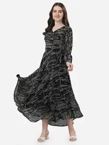 Fashion2wear Abstract Printed Tie-up Detailed V-Neck Puff Sleeves Fit & Flare Dress