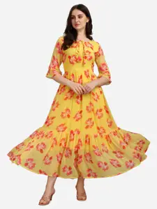 Fashion2wear Floral Printed Tie-Up Neck Flared Sleeves Gathered Fit & Flare Midi Dress