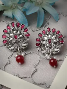 ADIVA Silver-Plated Kundan-Studded Beaded Peacock Shaped Drop Earrings