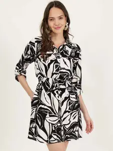 DRIRO Black Floral Printed Belted Shirt Dress