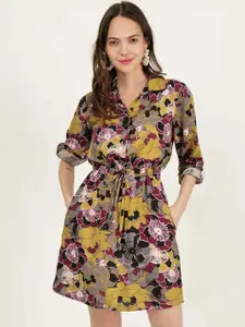 DRIRO Floral Printed Belted Shirt Dress