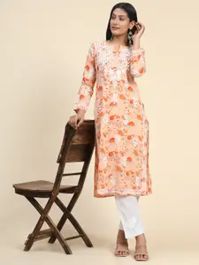 HOUSE OF KARI Floral Printed Thread Work Cotton Straight Kurta