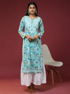HOUSE OF KARI Floral Printed Thread Work Cotton Kurta