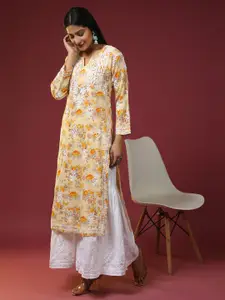 HOUSE OF KARI Floral Printed Thread Work Cotton Straight Kurta
