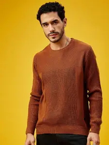 Roadster Copper Coloured Ribbed Long Sleeves Knitted Pure Acrylic Pullover Sweater