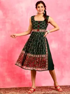 Anouk Green Ethnic Motifs Print Square Neck Sleeveless Fit & Flare Cotton Ethnic Dress