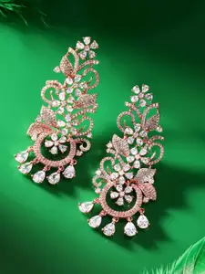 Rubans 22K Rose Gold Plated White Cubic Zirconia Studded Floral Vine Statement Earrings